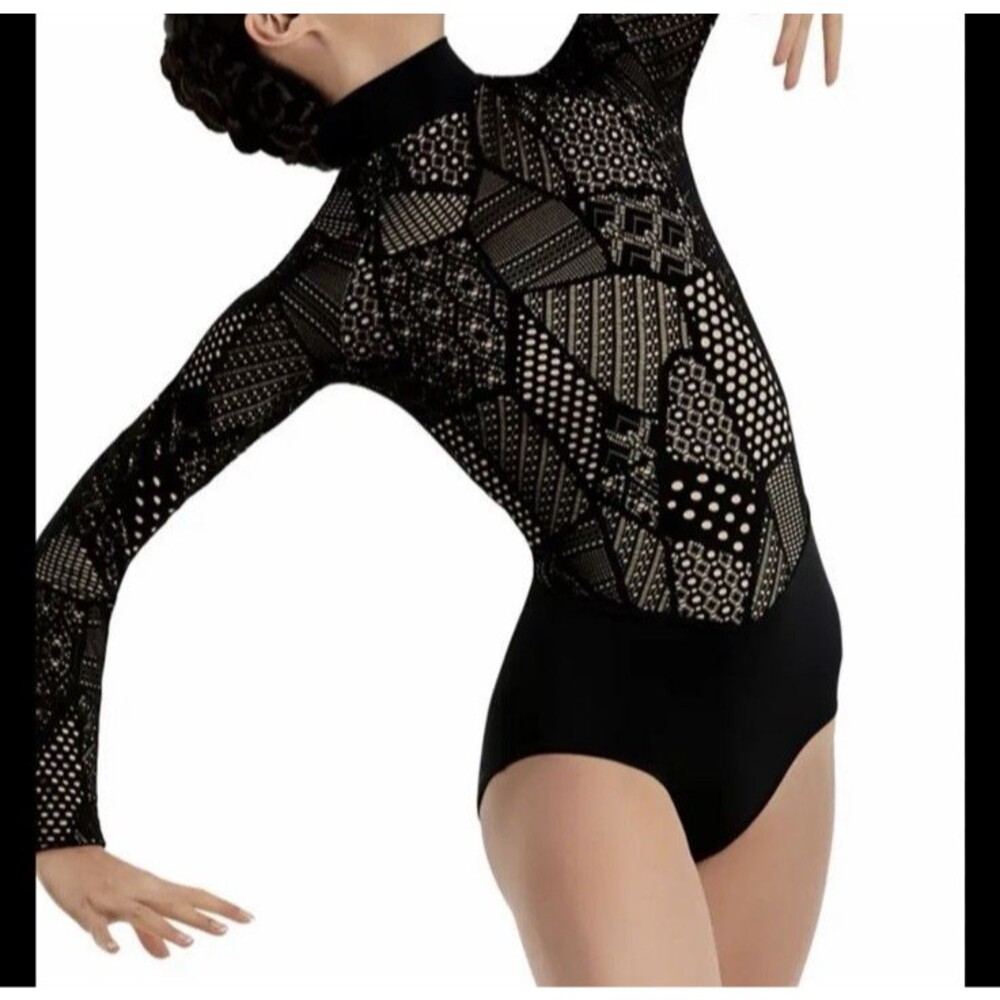 Balera Dancewear Patchwork Lace Long Sleeve Black Leotard Size MA Medium 8/10
